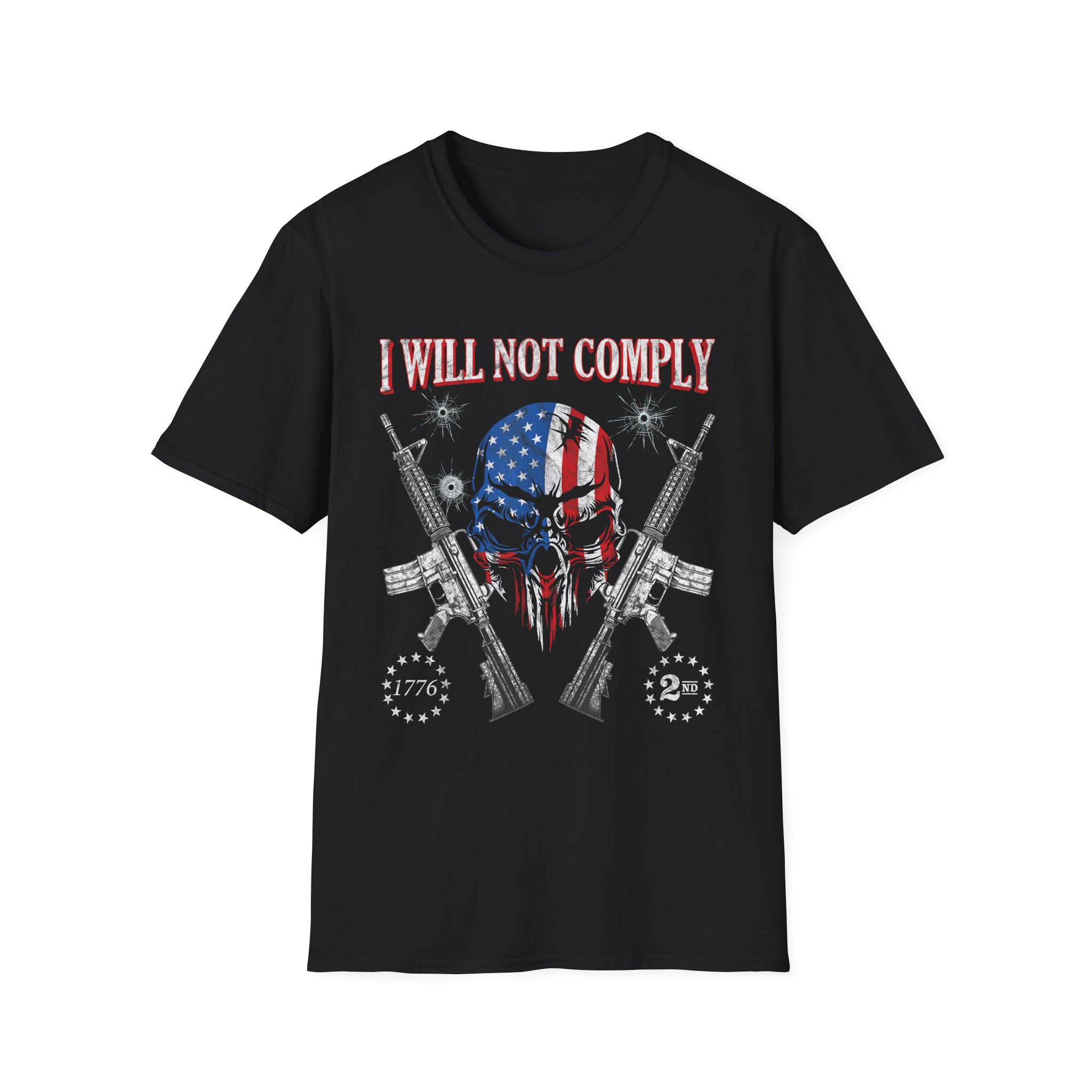 I Will Not Comply Skull T-Shirt — American Flag Skull with Crossed AR-Style Rifles, 2nd Amendment Tee