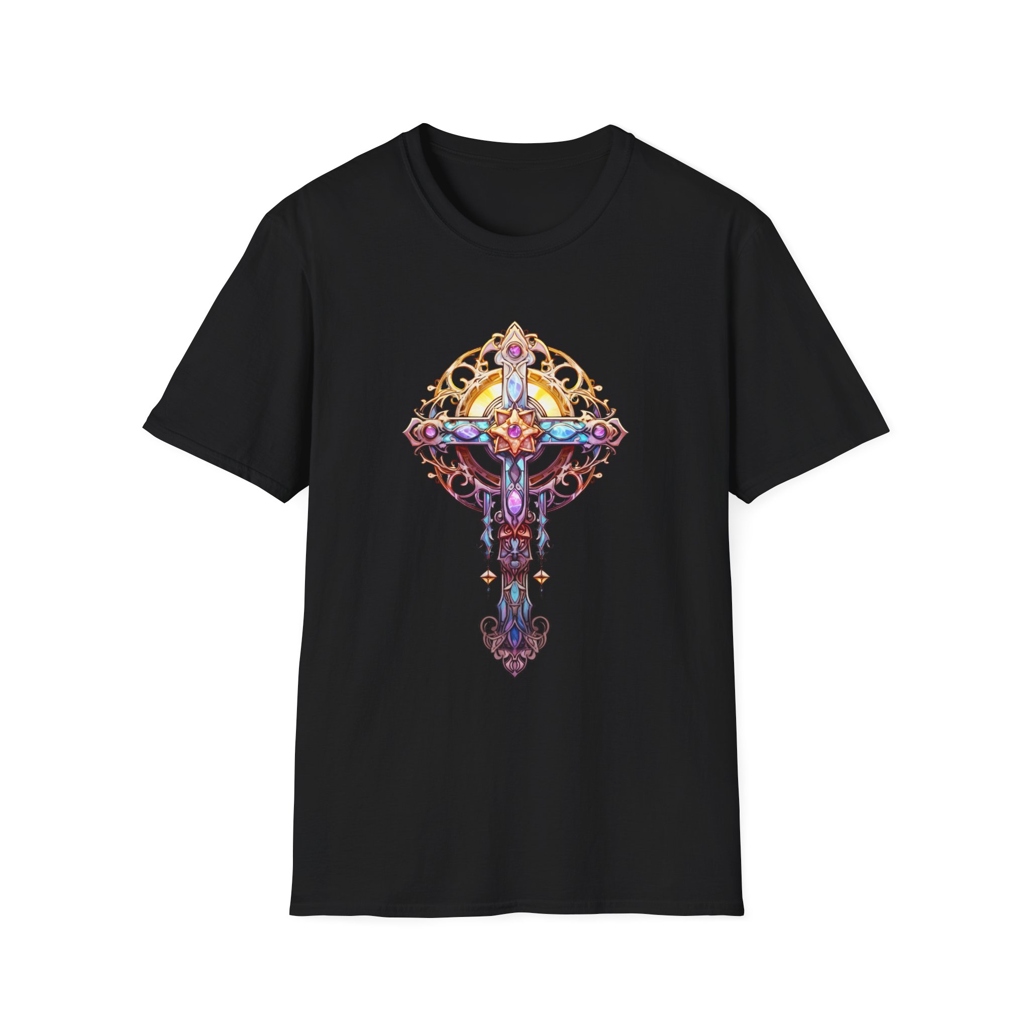Stained Glass Celtic Cross T-Shirt — Colorful Spiritual Faith Tee