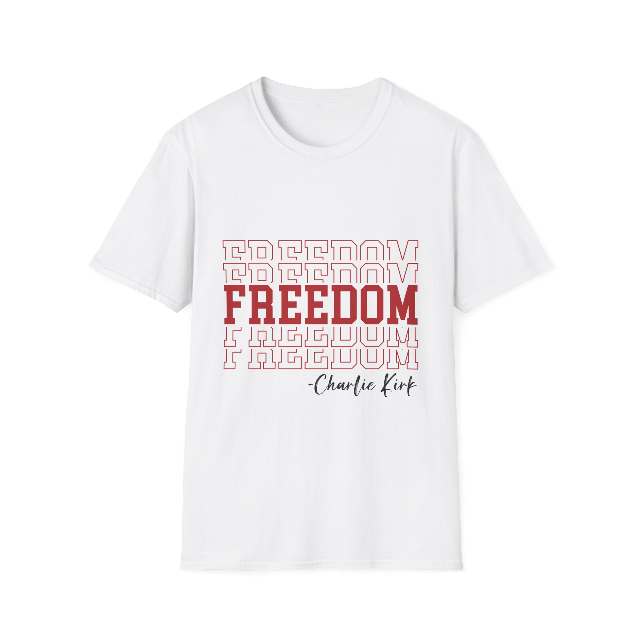 Freedom Graphic T-Shirt — 'Freedom' Red Block Text with Charlie Kirk Signature - Image 3