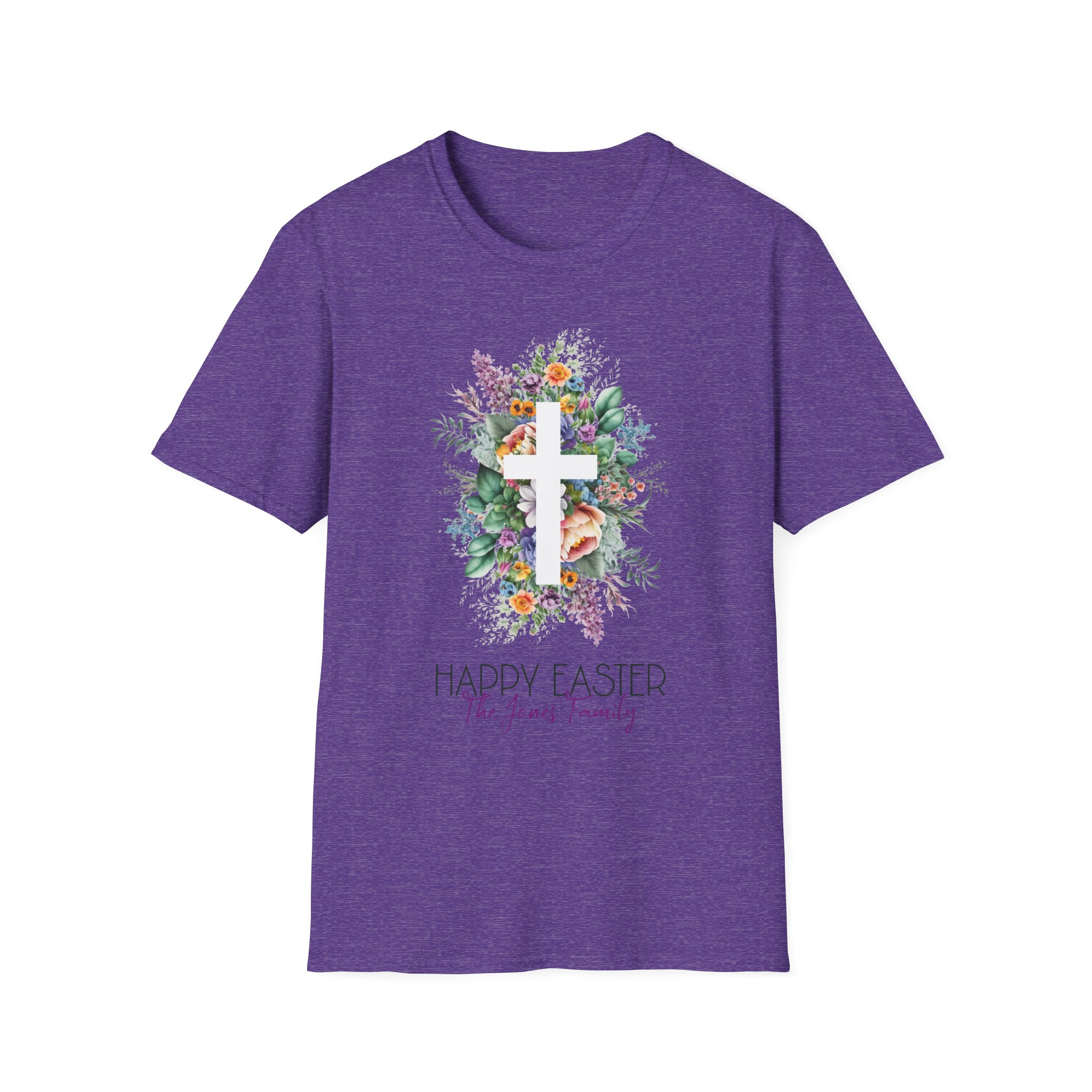 Easter Floral Cross T-Shirt — "Happy Easter" Personalized Family Tee