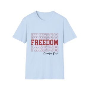 Freedom Graphic T-Shirt — 'Freedom' Red Block Text with Charlie Kirk Signature