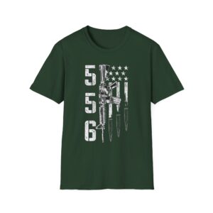 556 Flag Rifle T‑Shirt — Military Veteran Patriotic Ammo Design