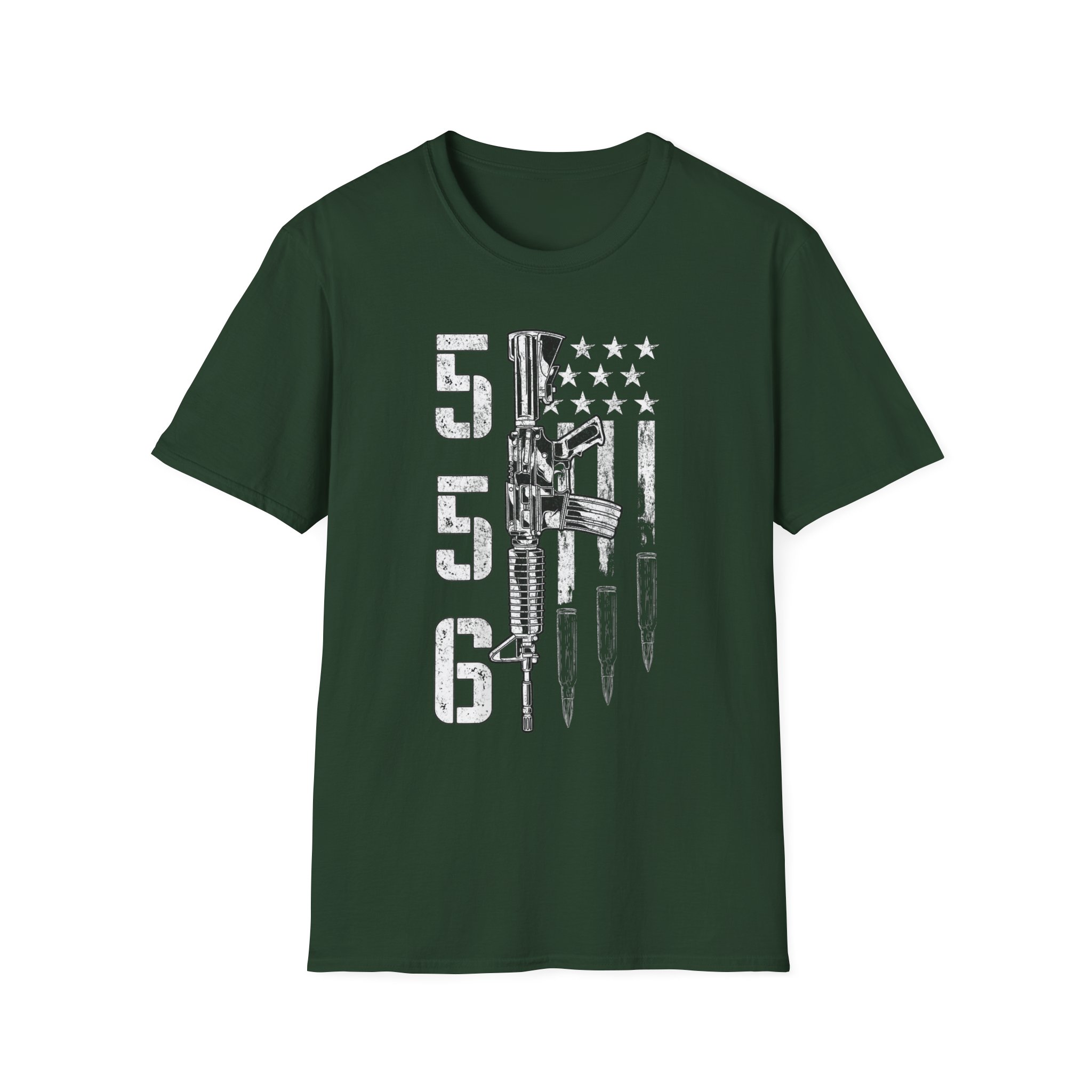 556 Flag Rifle T‑Shirt — Military Veteran Patriotic Ammo Design