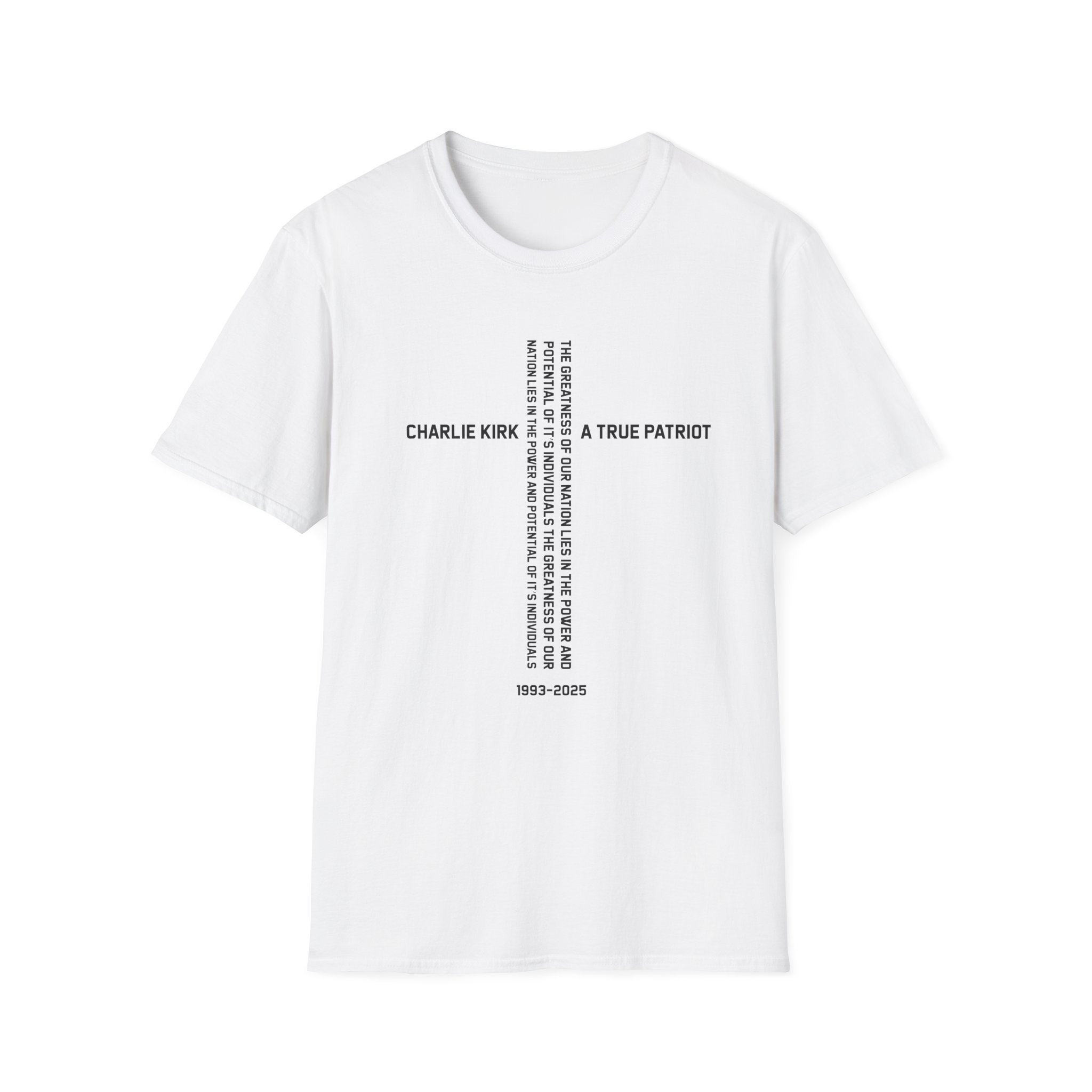 T-Shirt — Charlie Kirk 'A True Patriot' Vertical Cross Memorial Design - Image 3