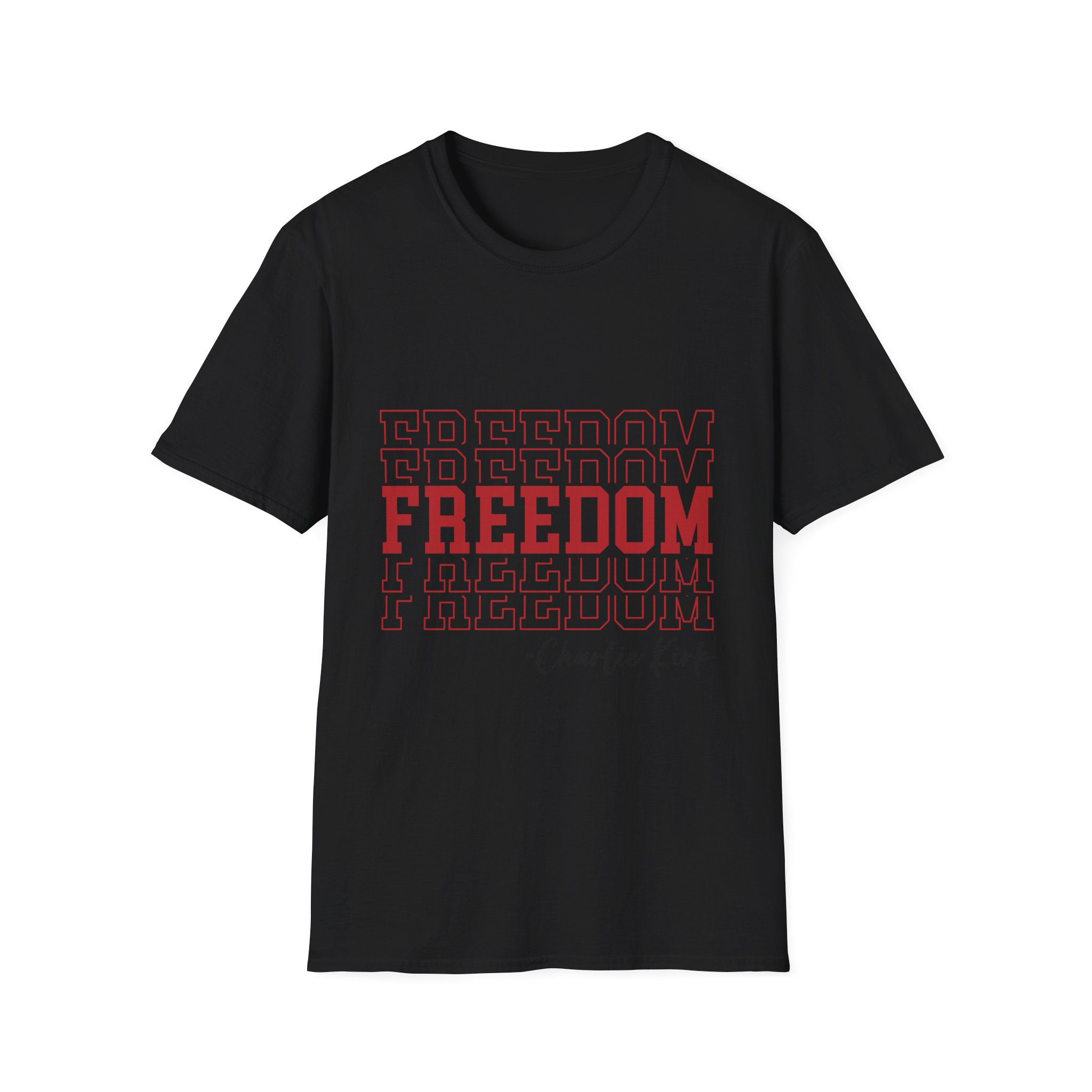 Freedom Graphic T-Shirt — 'Freedom' Red Block Text with Charlie Kirk Signature - Image 5